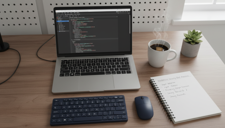 Mãos digitando em laptop com código WordPress, simbolizando gerenciamento de snippets e melhores práticas.