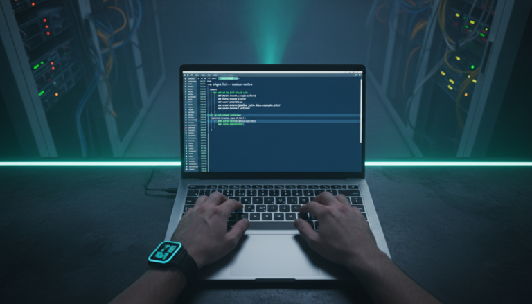 Mãos digitando comandos WordPress CLI em um terminal de laptop, com foco em gerenciamento de site via linha de comando.