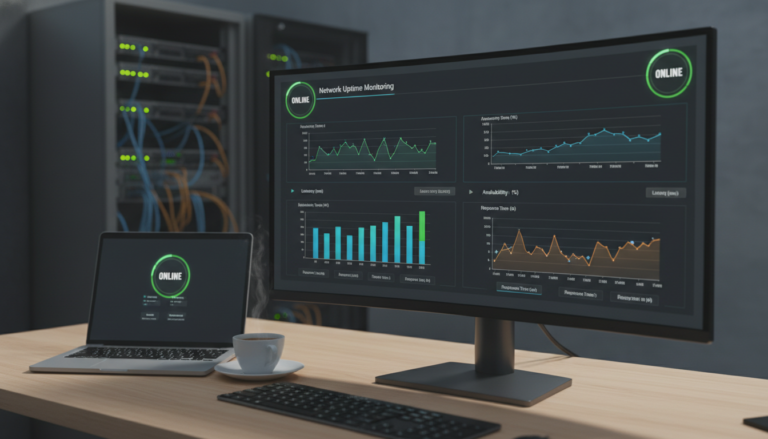 Monitoramento de uptime em tela, gráficos de disponibilidade, site online