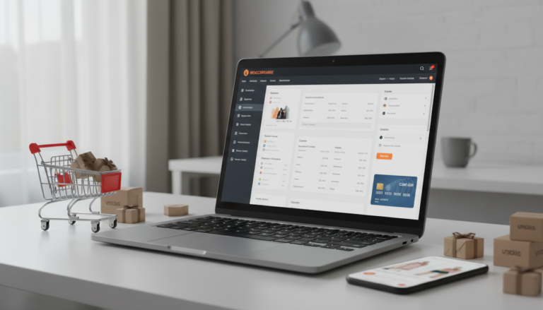 Laptop com dashboard WooCommerce, cartão de crédito, carrinho de compras e embalagens de produtos, representando os primeiros passos para lançar uma loja virtual.