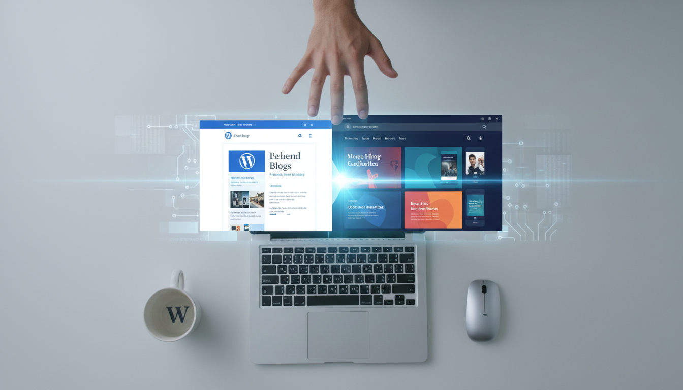 Mão ativando novo tema WordPress, site transformando, migração de tema bem-sucedida, atualização de design WordPress