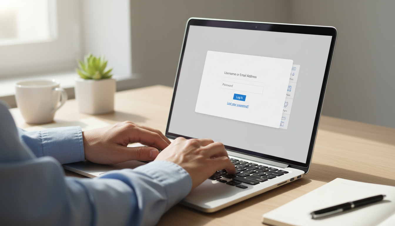 Pessoa digitando no teclado, tela de login do WordPress, link de 'esqueceu a senha' destacado