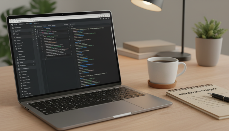 Pessoa trabalhando em laptop com editor de código e painel WordPress, focado em Snippets WordPress