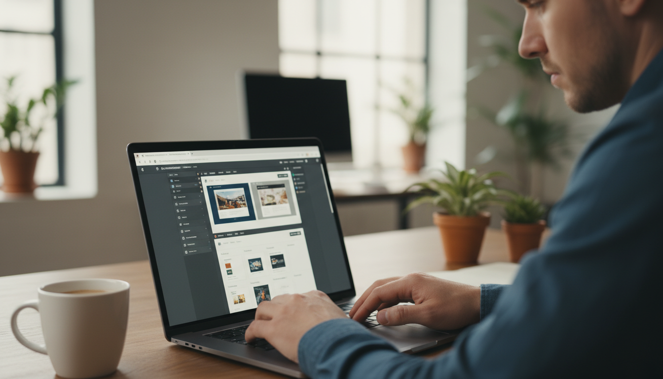 Pessoa trabalhando em laptop, Elementor PRO, resolvendo problemas de site, desenvolvimento web