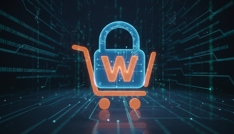 Cadeado digital sobre logo WooCommerce, simbolizando auditoria de segurança e proteção de e-commerce.