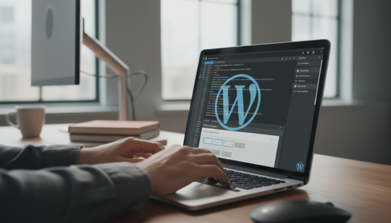 Mãos digitando código PHP em um laptop, otimizando um site WordPress com snippets para conteúdo condicional