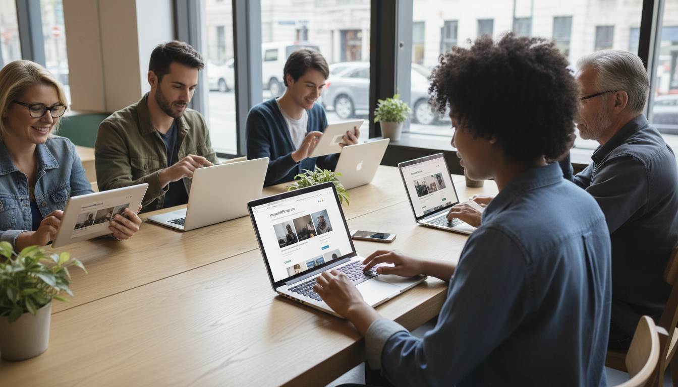 Usuários acessando um site WordPress responsivo em múltiplos dispositivos