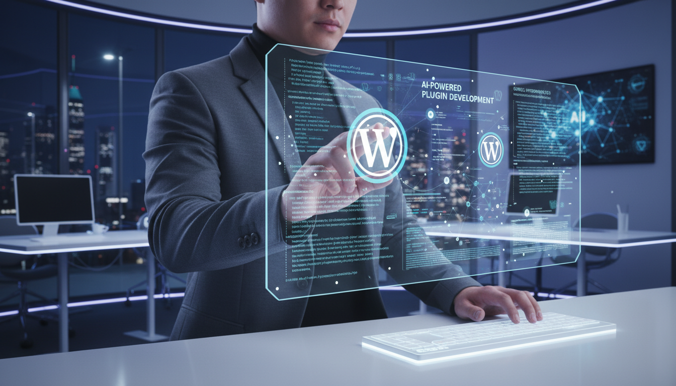 Holograma de plugins WordPress com IA, representando o futuro da tecnologia em 2025