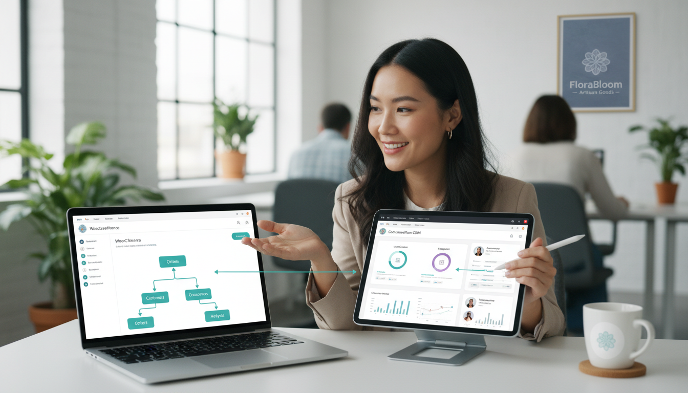 Interface WooCommerce e CRM integradas em telas de computador, mostrando dados de clientes centralizados para um atendimento aprimorado e personalizado.