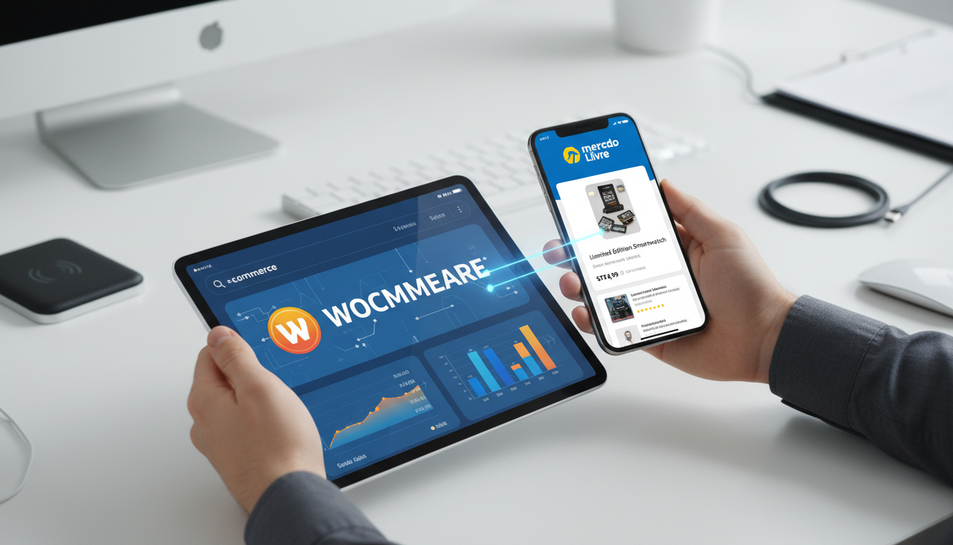 Mãos segurando tablet com logo WooCommerce e smartphone com logo Mercado Livre, simbolizando integração de e-commerce.