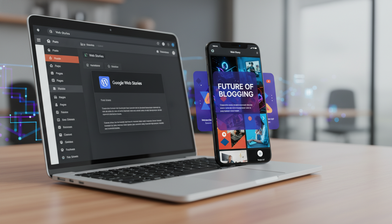 Painel WordPress com Web Stories interativas em smartphone