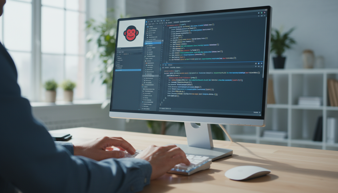 Código PHP e JavaScript na tela de um computador, com o logotipo do Mailchimp e mãos digitando, simbolizando a integração direta do Mailchimp via snippets.