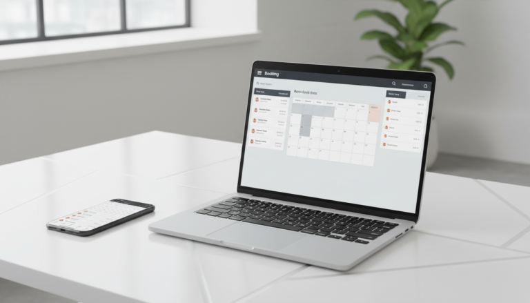 Laptop com interface de plugin de agendamento online para WordPress e smartphone com calendário