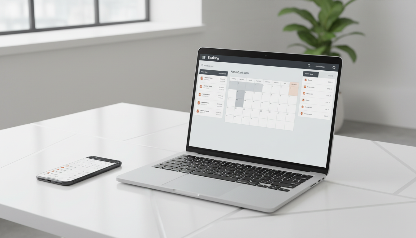 Laptop com interface de plugin de agendamento online para WordPress e smartphone com calendário