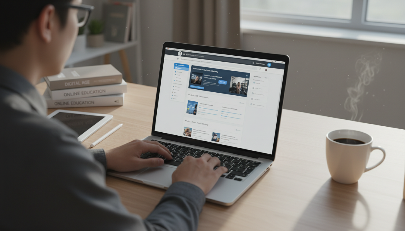 Pessoa criando um site de EAD com WordPress em um laptop, com tela exibindo painel de administração de cursos online e ferramentas de ensino a distância.