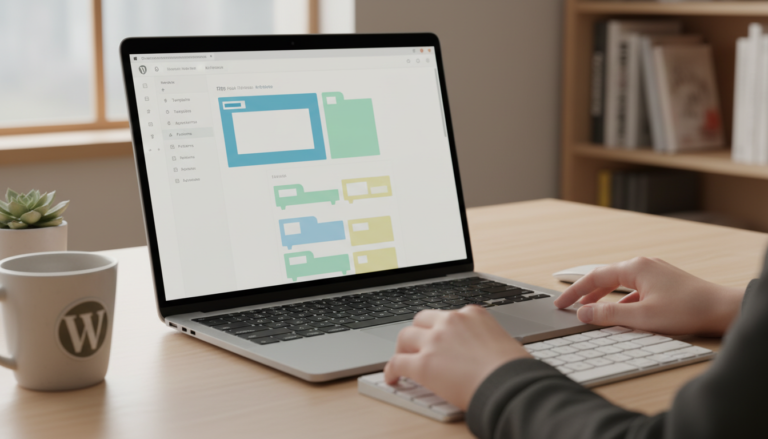 Tela de computador exibindo um tema WordPress híbrido com blocos Gutenberg e Full Site Editing
