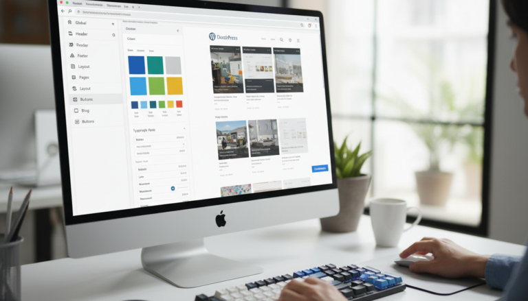 Personalização de Temas WordPress na tela do computador com opções de design e edição