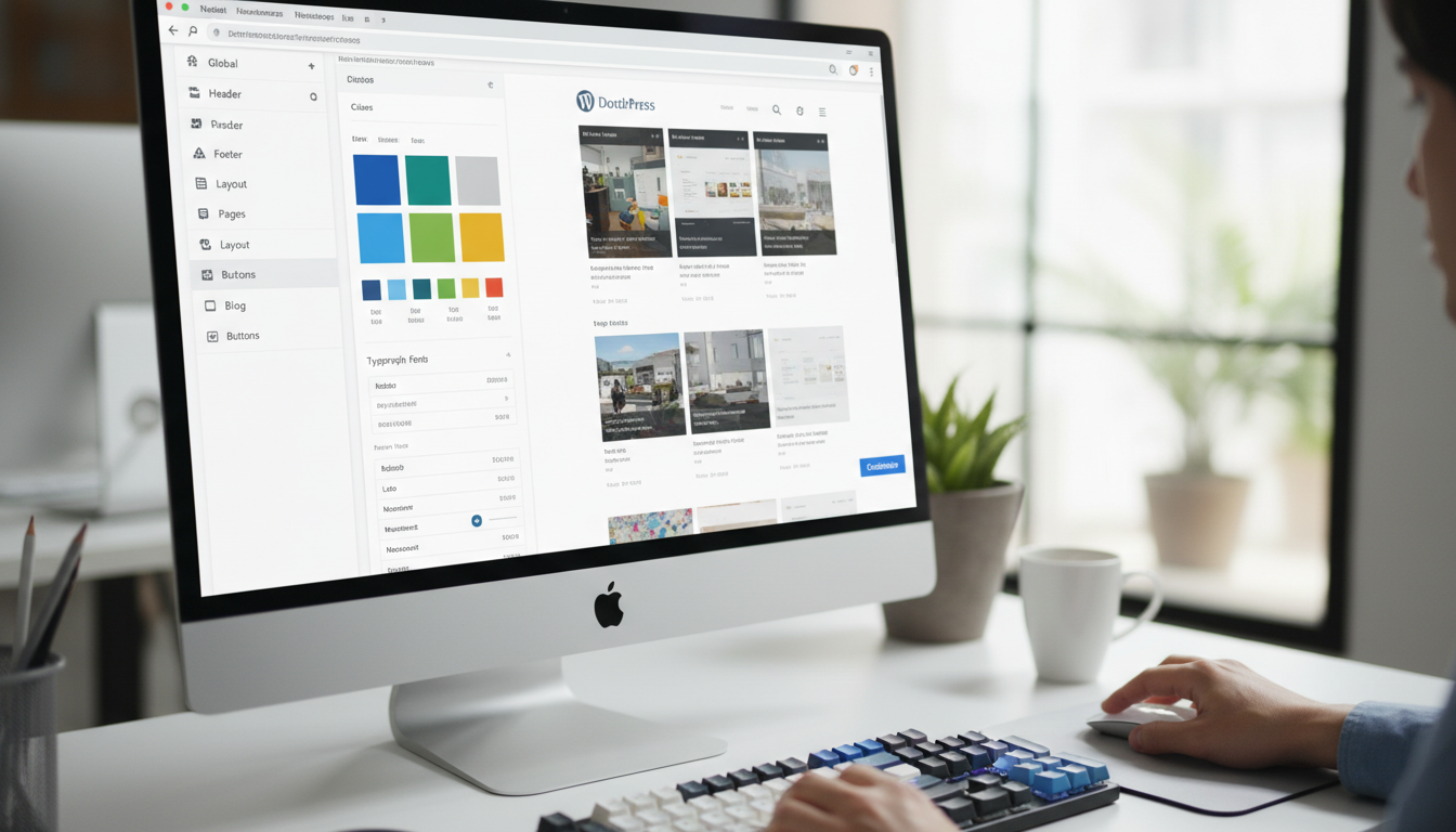 Personalização de Temas WordPress na tela do computador com opções de design e edição