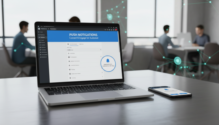 Dashboard WordPress com plugin de notificação push e smartphone exibindo alerta