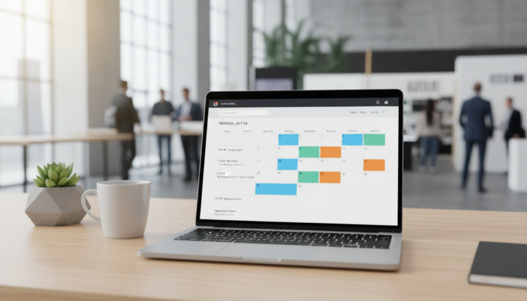 Calendário de eventos WordPress moderno e organizado em tela de notebook