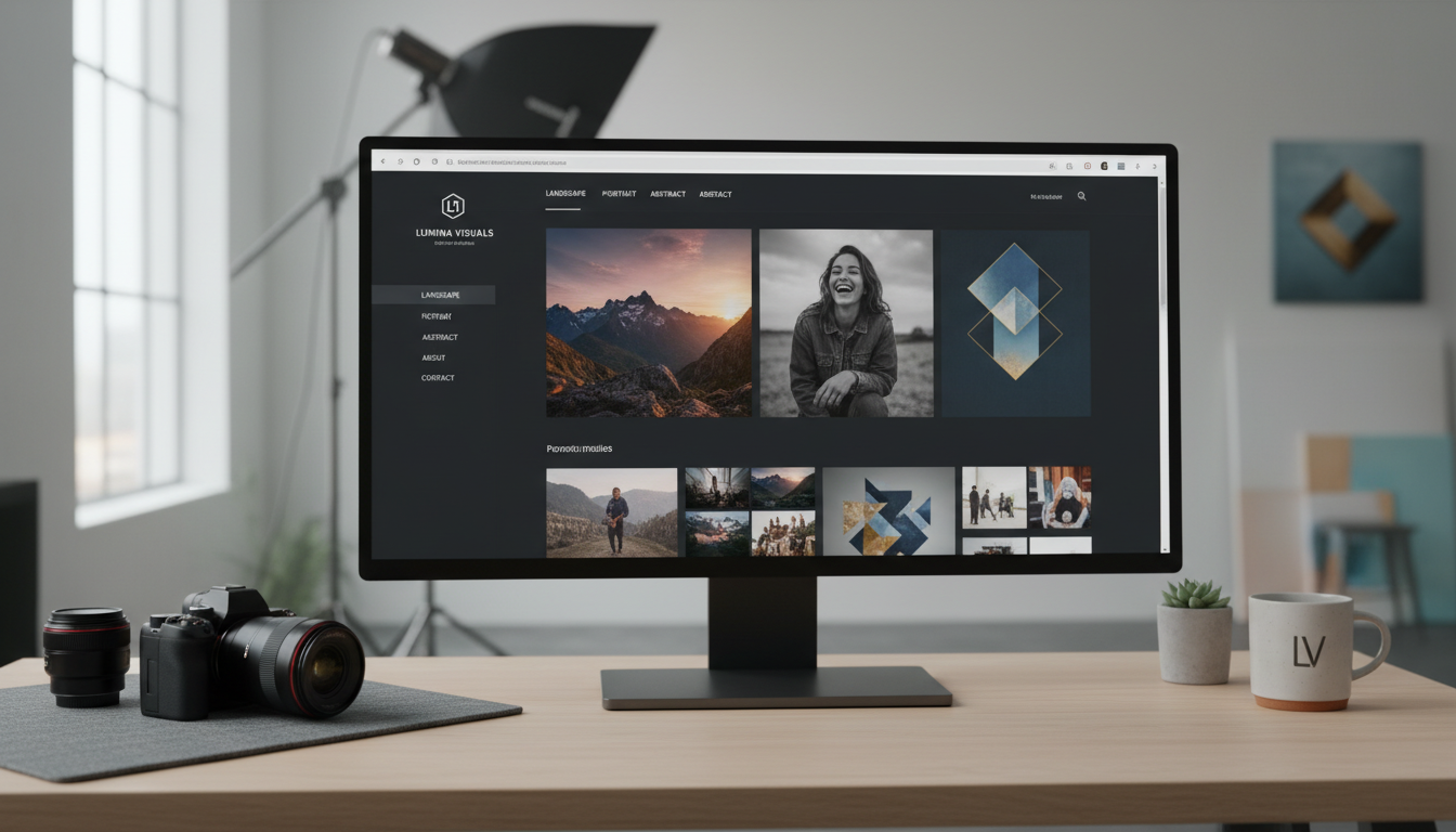 Tema WordPress para Fotógrafos exibindo portfólio profissional em monitor com câmera e lentes.