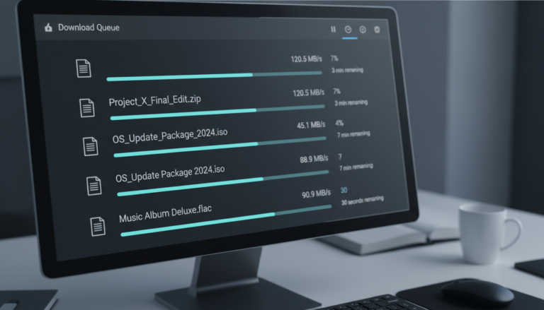 Interface gráfica do usuário do Download Manager 3.3.50 mostrando downloads em andamento, barra de progresso, velocidade de download e status de arquivos.