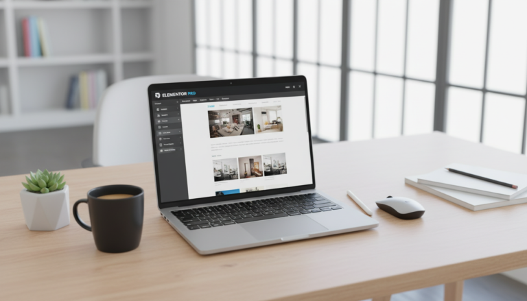 Interface do Elementor PRO em laptop, web design sem código, arrastar e soltar, criação de sites, plataforma Elementor