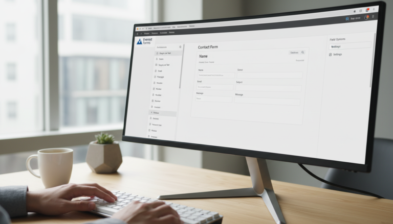 Screenshot da interface do Everest Forms 3.4.3 com campos de formulário e opções de personalização