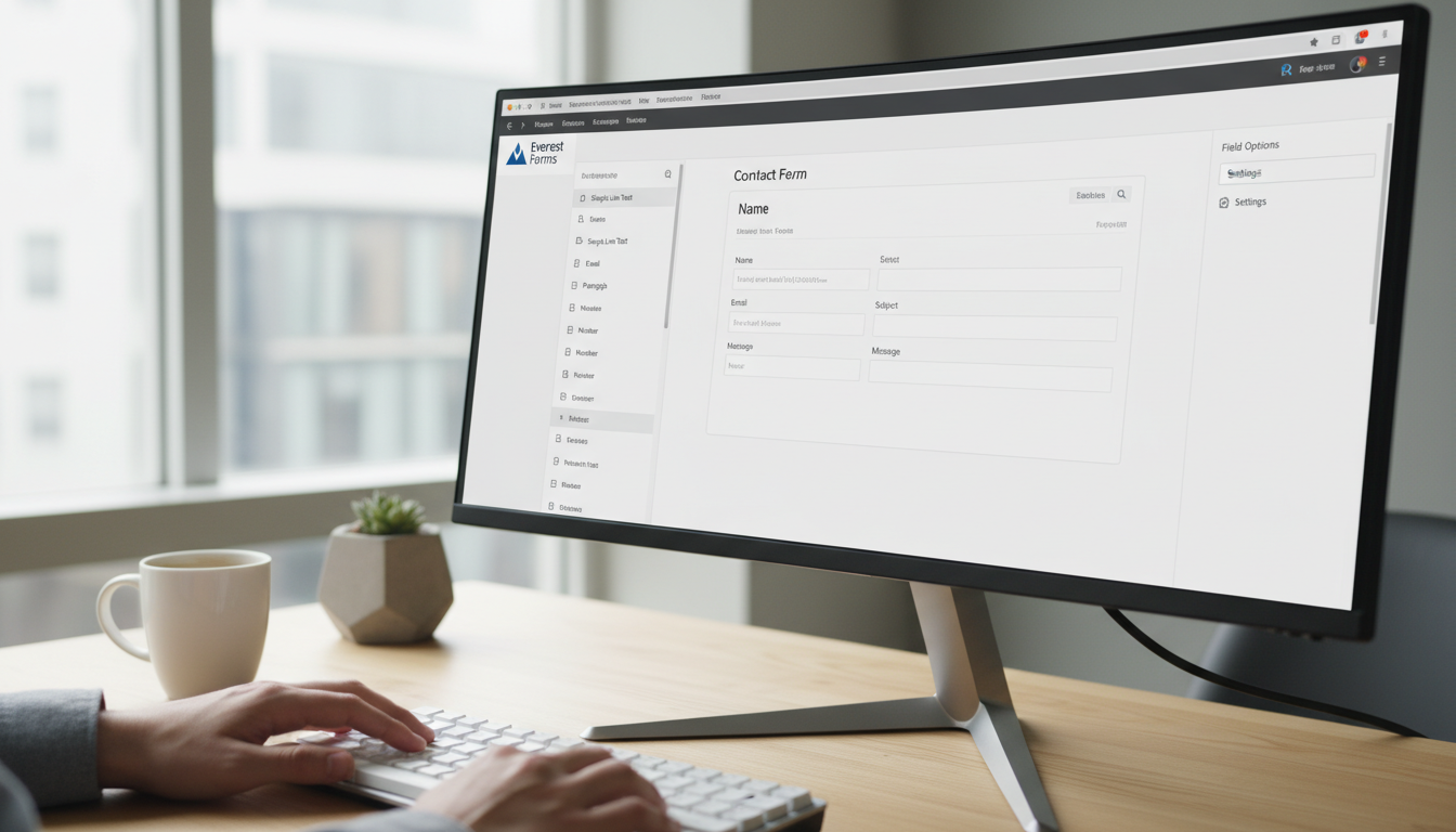 Screenshot da interface do Everest Forms 3.4.3 com campos de formulário e opções de personalização