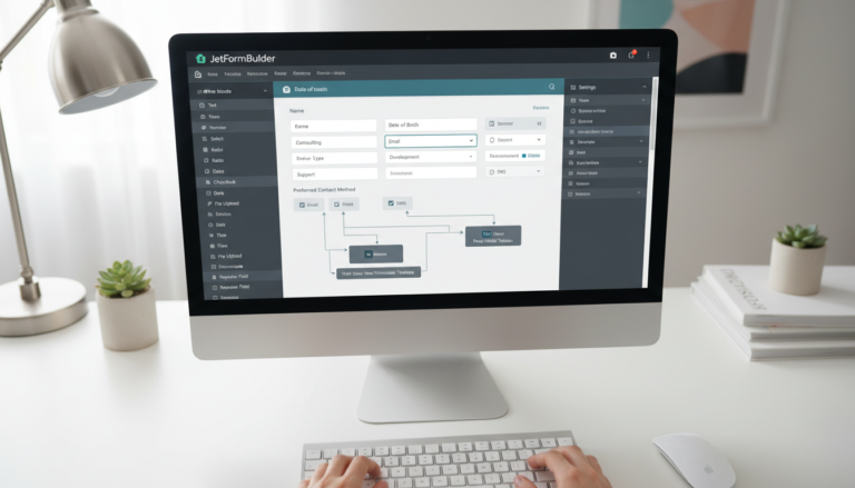 Captura de tela da interface do JetFormBuilder 3.5.6.2 exibindo um formulário dinâmico sendo editado, com foco nas novidades da versão.