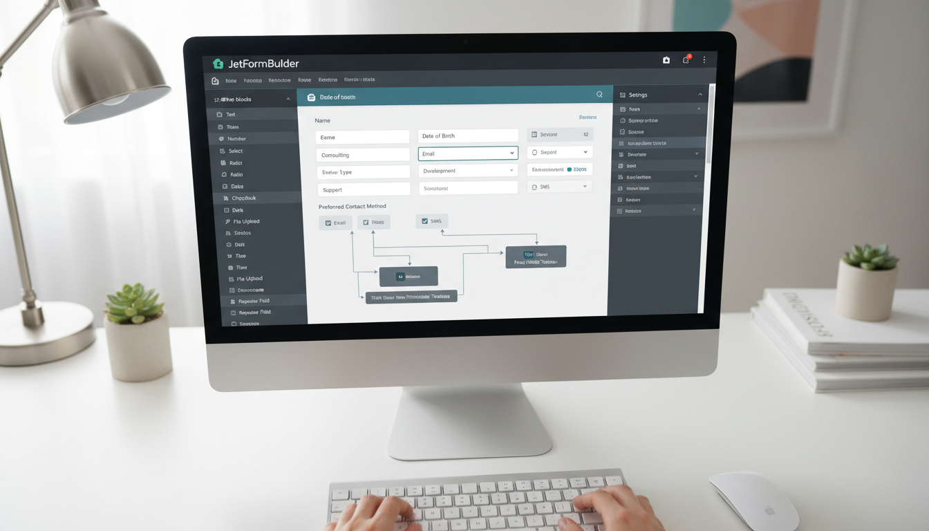 Captura de tela da interface do JetFormBuilder 3.5.6.2 exibindo um formulário dinâmico sendo editado, com foco nas novidades da versão.