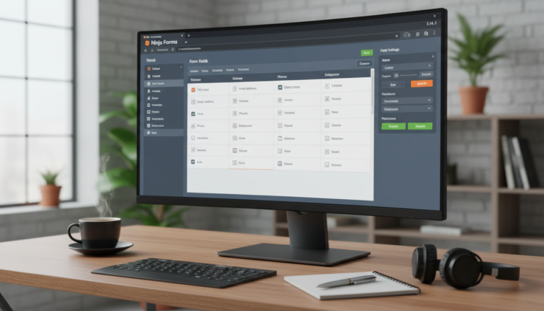 Interface do Ninja Forms 3.14.1 com campos de formulário e opções de configuração, simbolizando as novidades da versão.