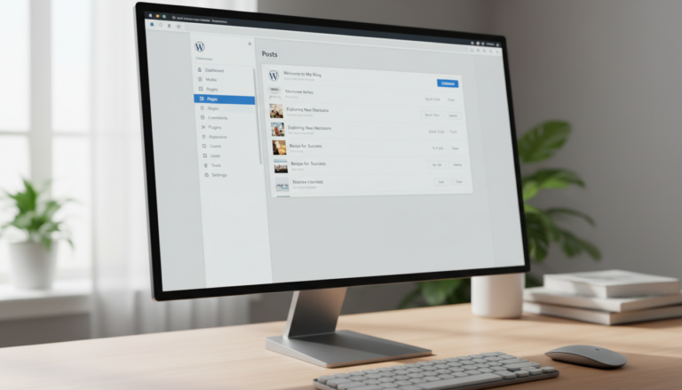 Painel de controle do WordPress em um monitor, com menus de posts, páginas e aparência visíveis