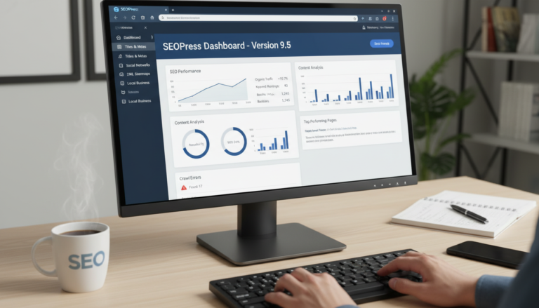 SEOPress 9.5 interface de usuário com gráficos de SEO e mãos digitando no teclado