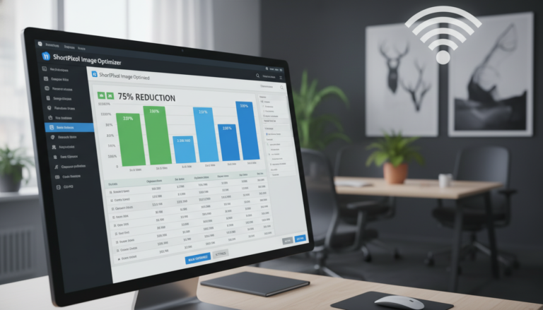 Interface do plugin ShortPixel Image Optimizer 6.4.3 com estatísticas de otimização e opções de formato WebP e AVIF