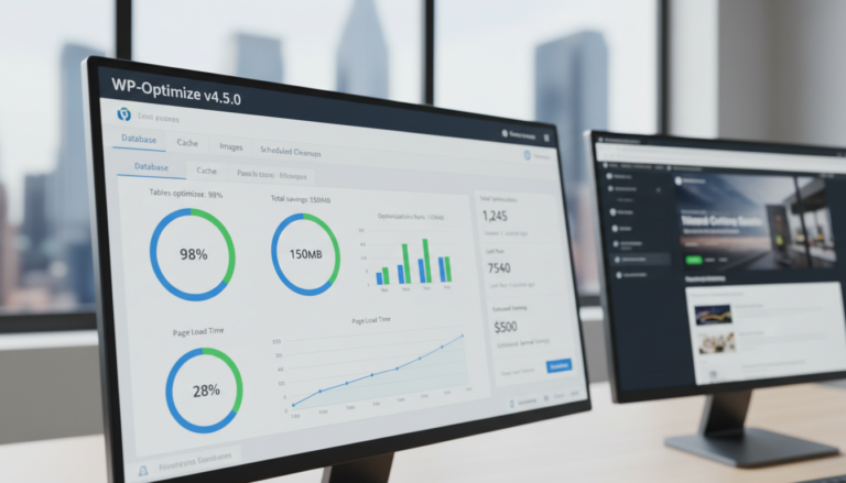 Interface do WP-Optimize 4.5.0 com gráficos de desempenho e opções de otimização
