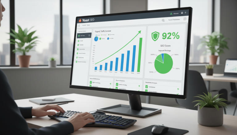 Yoast SEO 27.0 interface com gráficos e otimização de conteúdo