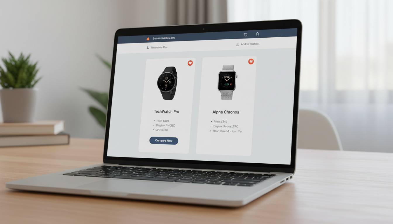 Imagem de um e-commerce com JetCompare & Wishlist, exibindo comparação de produtos e lista de desejos para otimizar a experiência de compra.