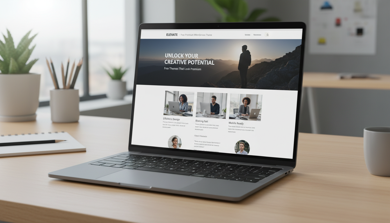 Laptop com site WordPress profissional usando tema gratuito de alta qualidade