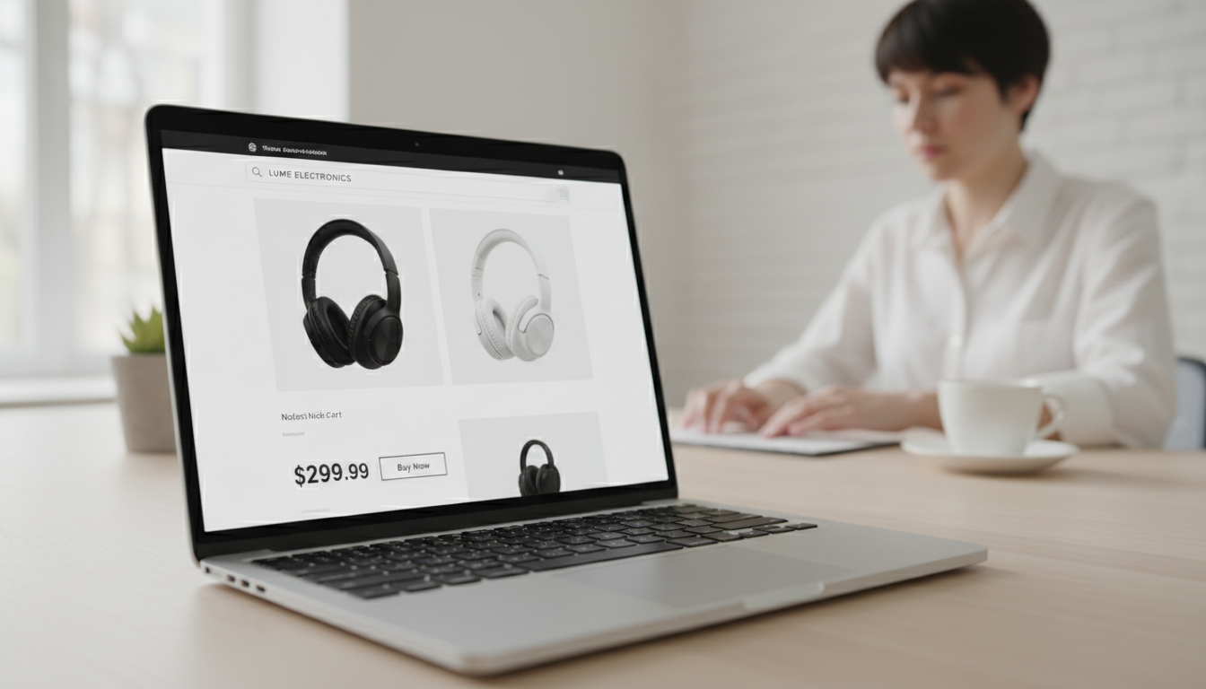 Interface de loja virtual WooCommerce com tema gratuito em laptop