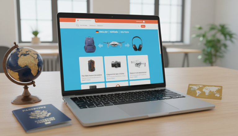 Captura de tela de loja WooCommerce traduzida para vários idiomas, destacando a funcionalidade multilíngue e global.