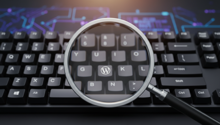 Lupa sobre teclas WordPress, ilustrando como encontrar temas WordPress ocultos de alta qualidade