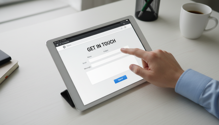 Pessoa preenchendo formulário de contato em tablet com logo do WordPress