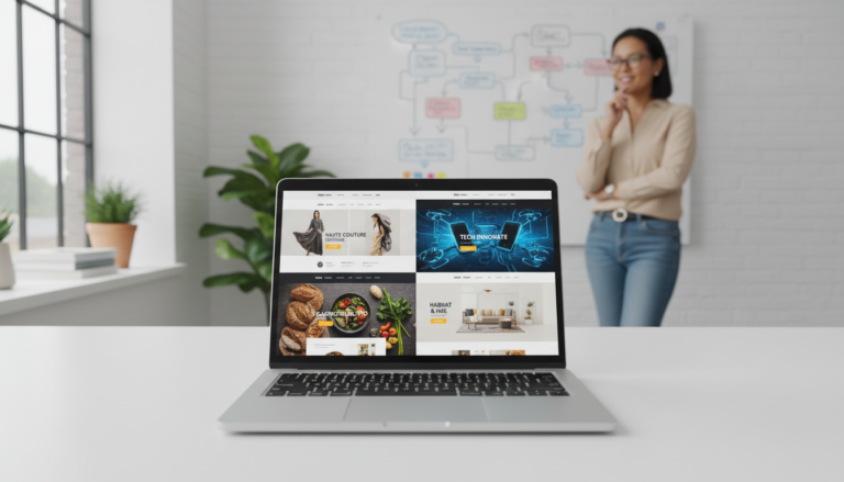Screenshot de temas WooCommerce personalizados para nichos de mercado em um laptop