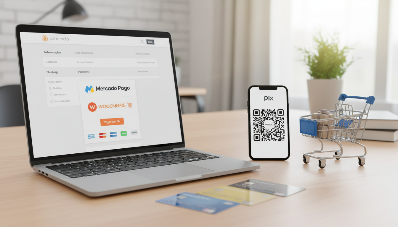 Tela de checkout WooCommerce com Mercado Pago 8.7.11, Pix e cartões de crédito