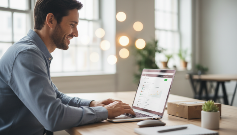 Pessoa usando laptop para configurar loja WooCommerce gratuita