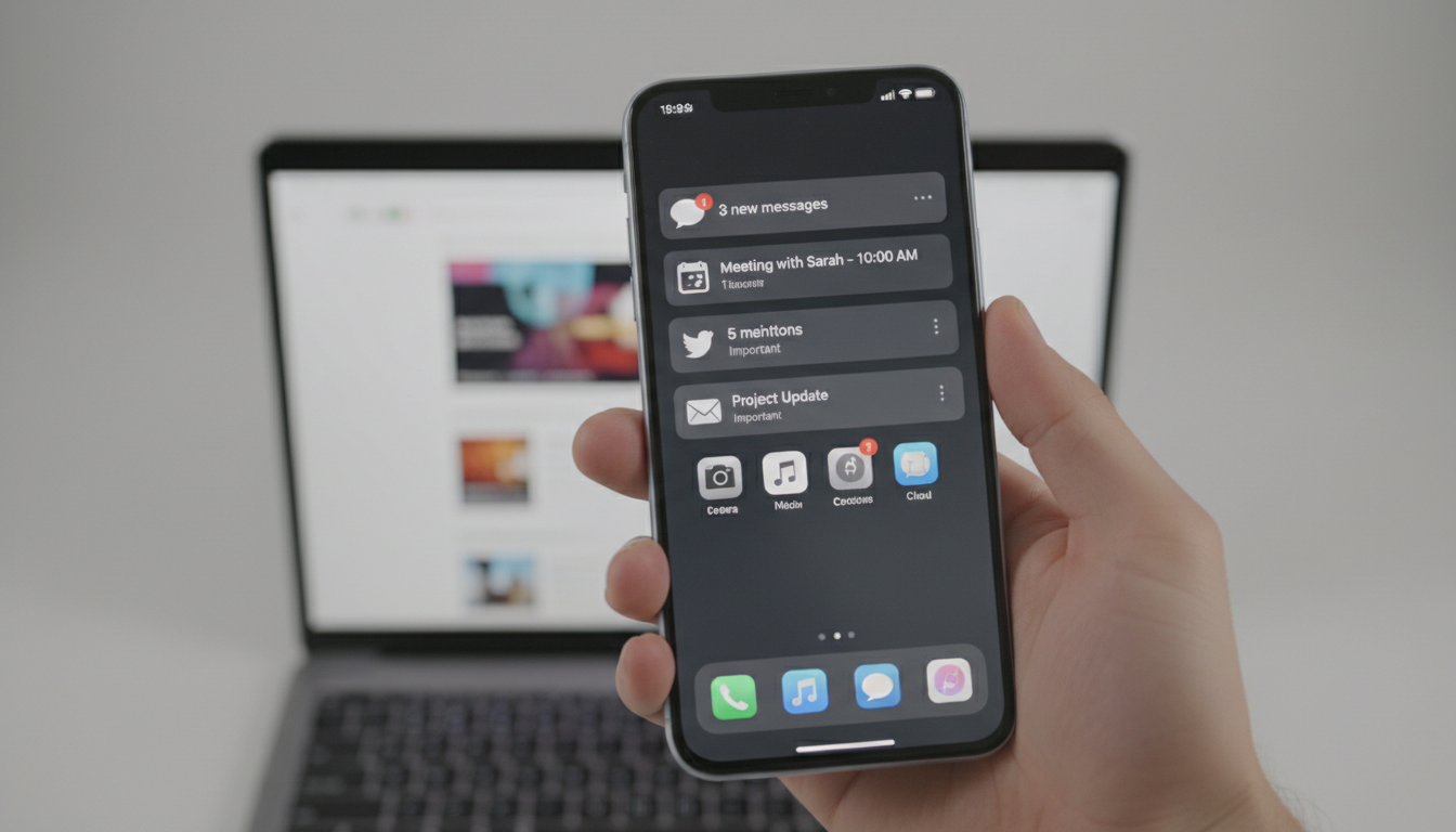 Tela de smartphone com notificações e alertas de aplicativos e sites, representando a melhoria da experiência do usuário.