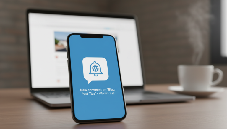 Ícone de notificação push em um smartphone sobre um fundo de mesa de escritório com laptop e logo do WordPress