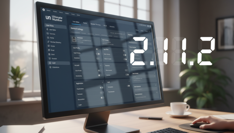 Interface do plugin Ultimate Member 2.11.2 no WordPress com opções de perfil, registro e diretório de membros.