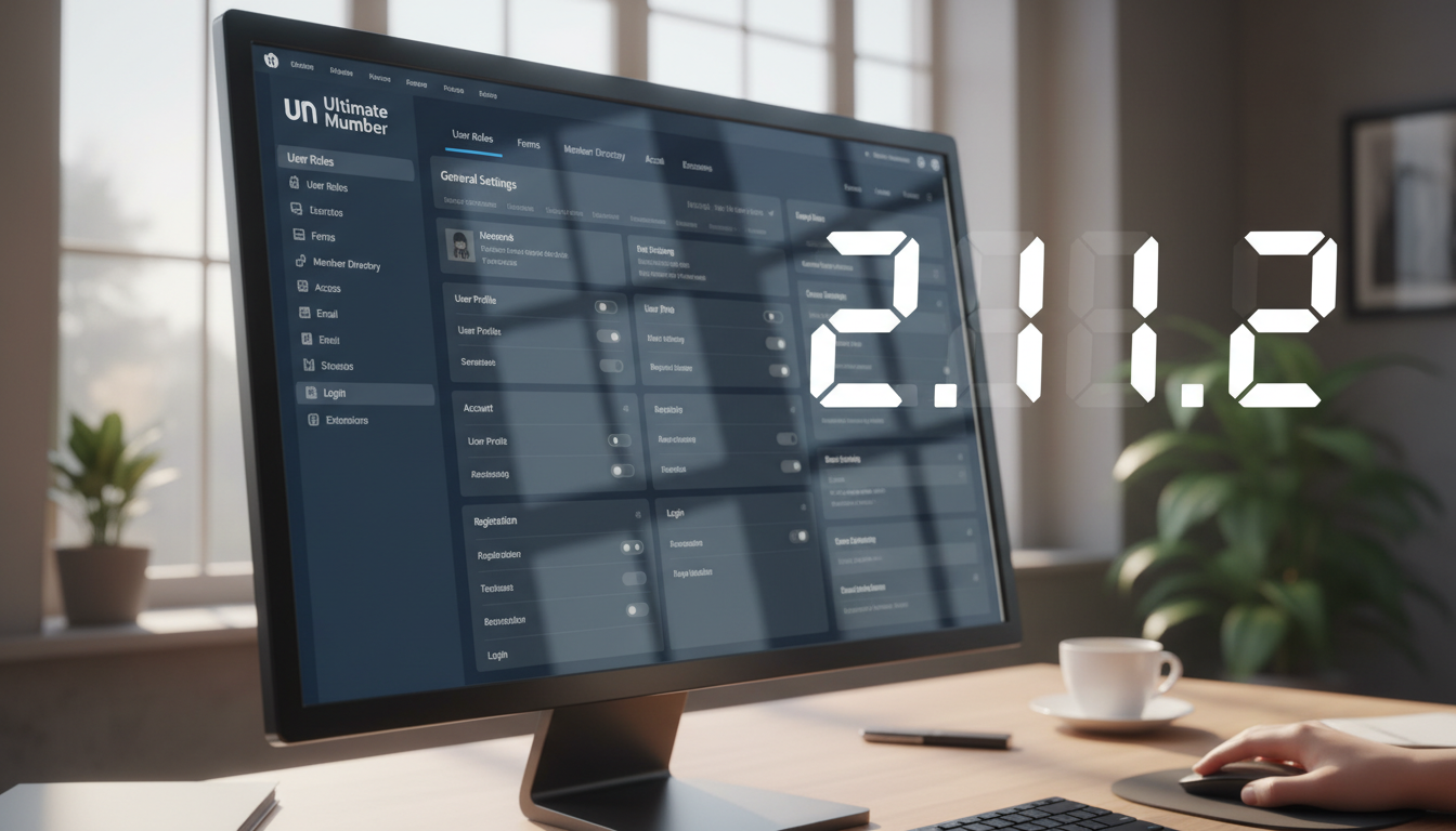 Interface do plugin Ultimate Member 2.11.2 no WordPress com opções de perfil, registro e diretório de membros.